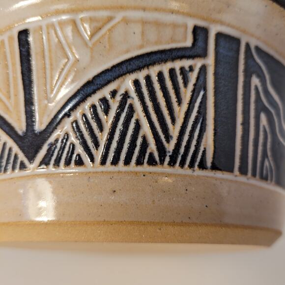 Krause Vintage Pottery Bowl Clay Geometric 1987 Handmade Blue Interior - Picture 6 of 8